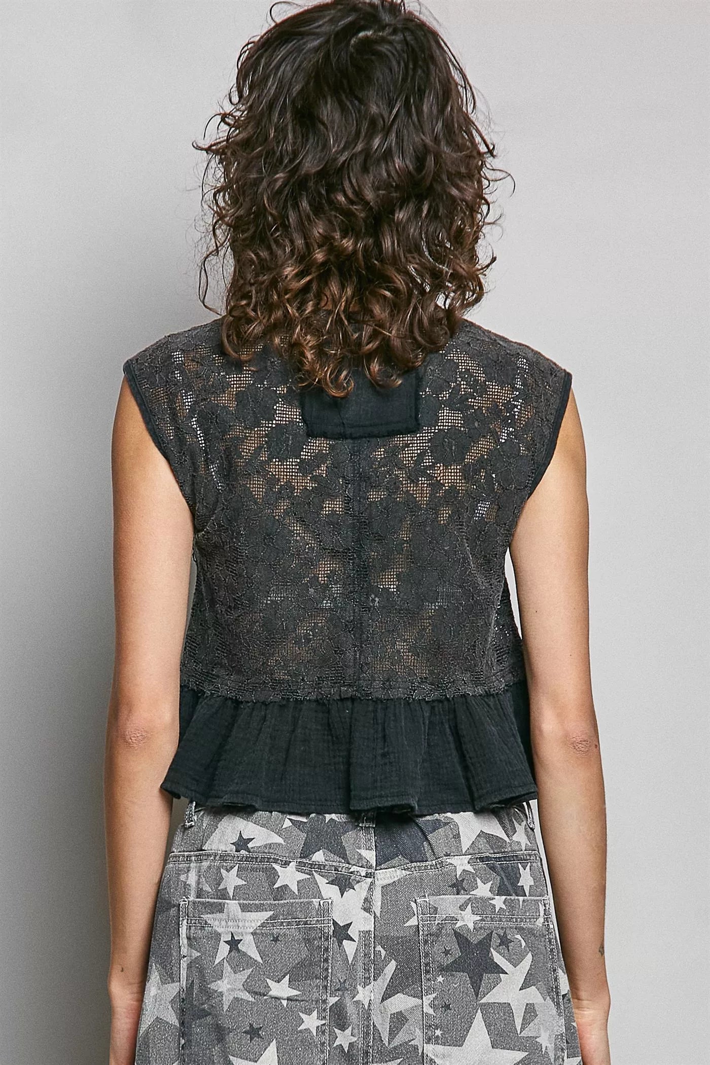 Round Neck Lace Sleeveless Top with Double Gauze Ruffle - Tank Tops