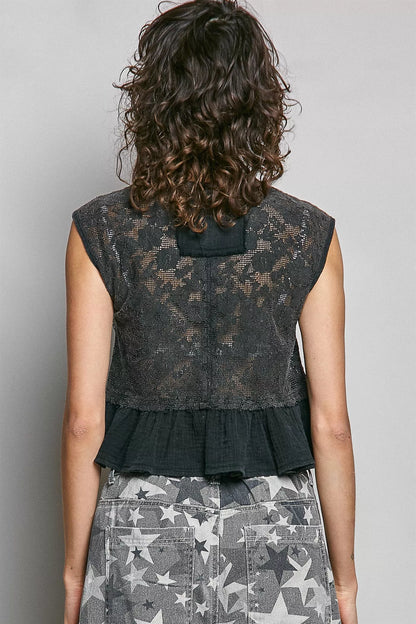 Round Neck Lace Sleeveless Top with Double Gauze Ruffle - Tank Tops