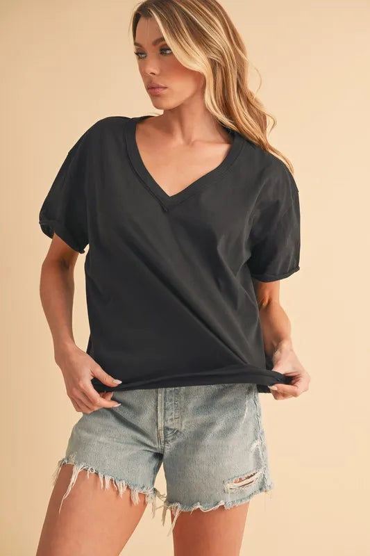 BLACK V-Neck Short Sleeve Cotton T-Shirt in Black | Trendy T-Shirts Outfit Idea for Women by Ro + Ivy | Elevated Basics, Modern Comfort & Style