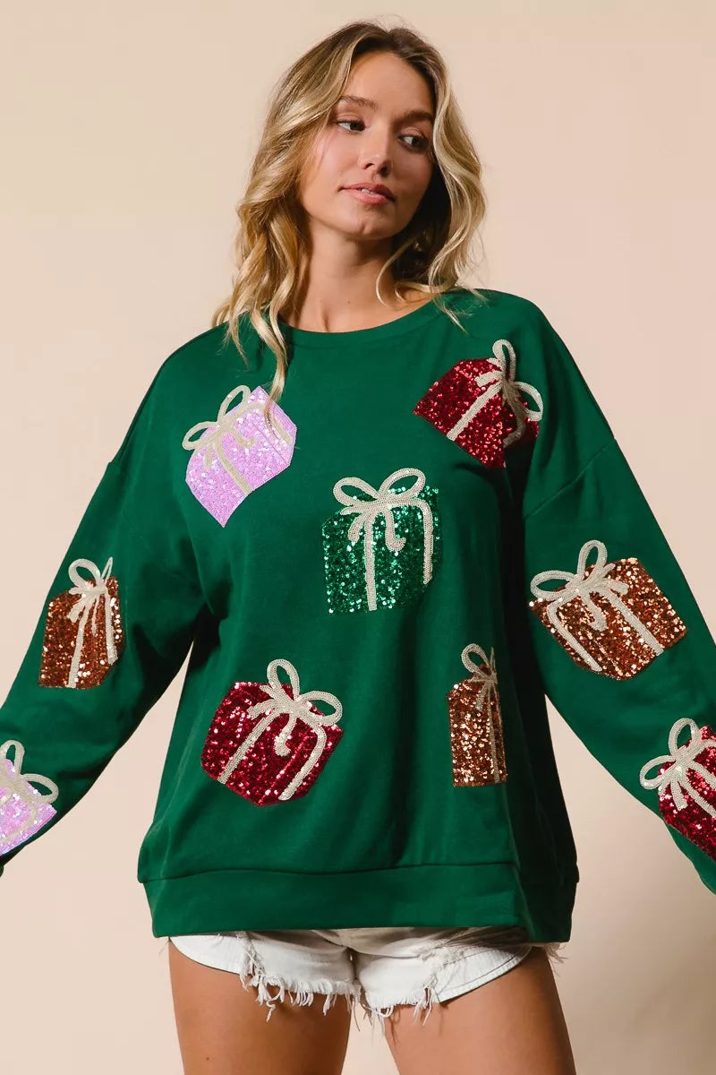Sequins Gift Box Christmas Crewneck Sweater | Trendy Sweaters Outfit Idea for Women by Ro + Ivy | Elevated Basics, Modern Comfort & Style