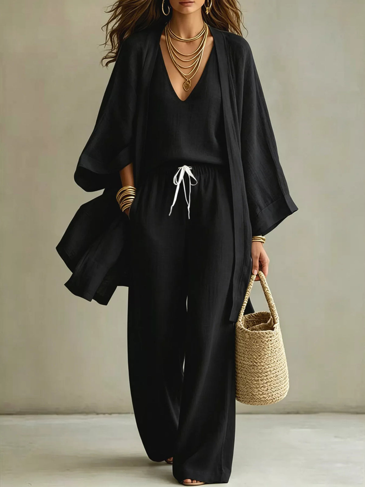 Three-Piece Lounge Set with V-Neck Top, Open Cardigan and Drawstring Pants Black