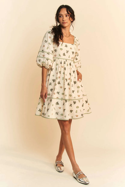 Cactus Printed Poplin Contrast Piping Mini Dress – outfit idea for women | Ro + Ivy