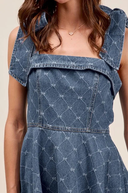 A Line Fit And Flare Diamond Bow Ribbon Denim Dress – outfit idea for women | Ro + Ivy