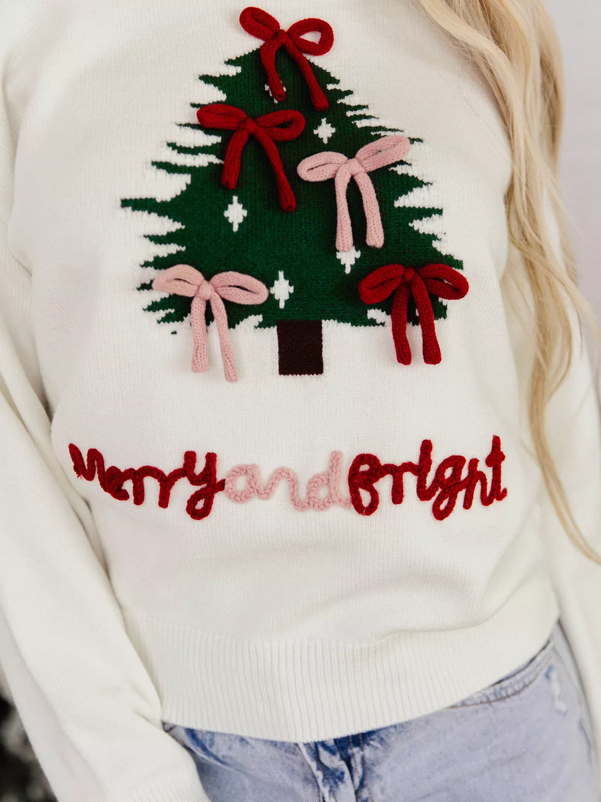 Christmas Tree Bow Drop-Shoulder Knit Sweater