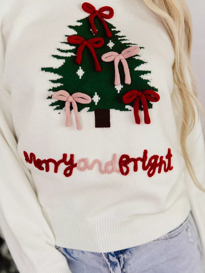 Christmas Tree Bow Drop-Shoulder Knit Sweater