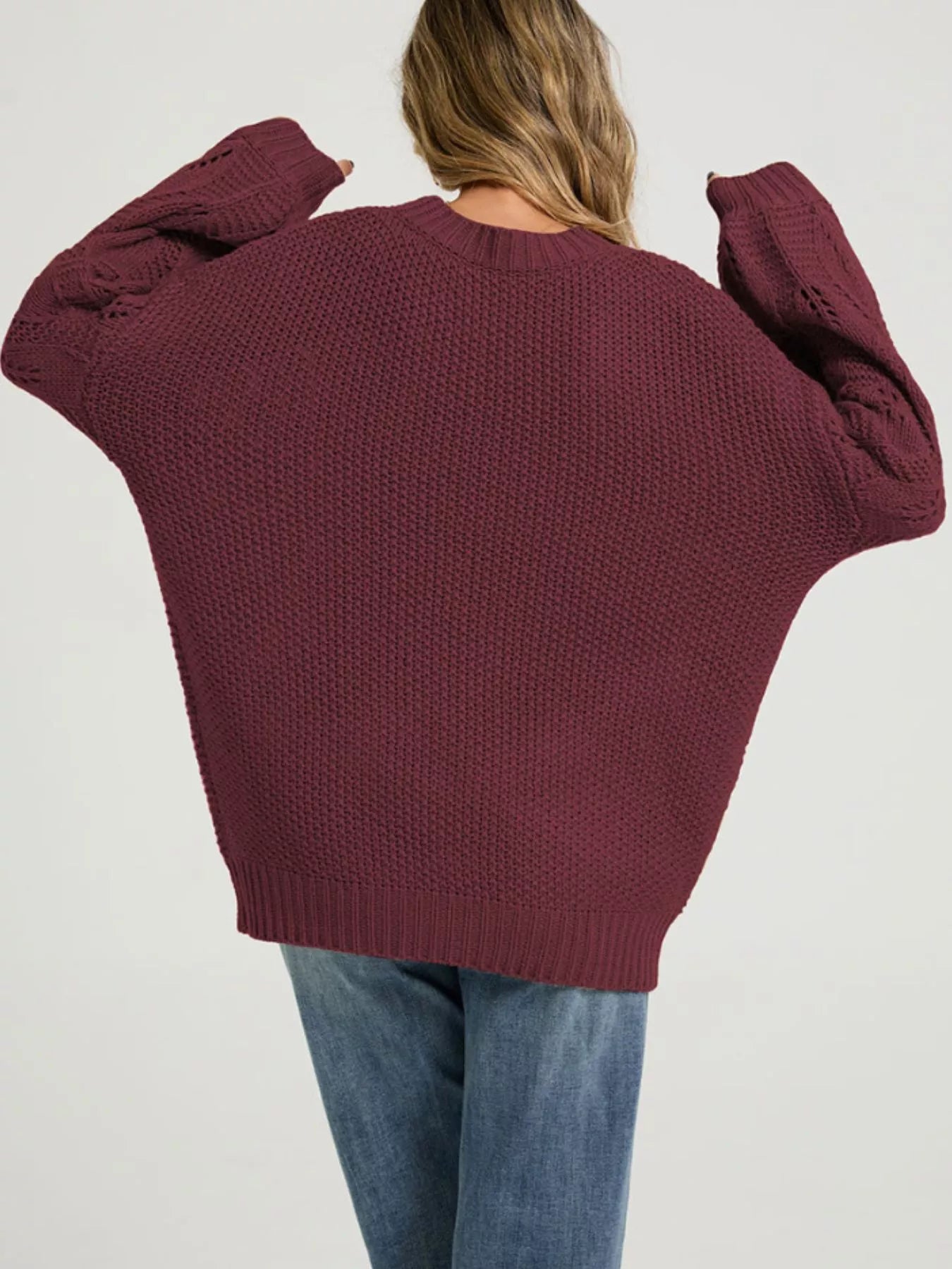 Textured Knit Openwork Sleeves Sweater