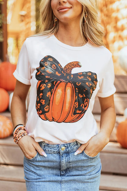 Fall Pumpkin Round Neck Short Sleeve T-Shirt White