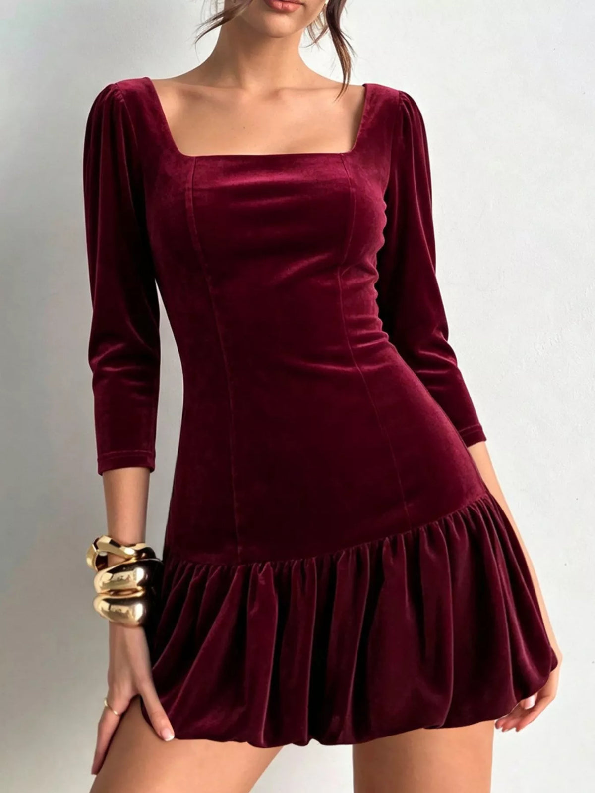 Christmas Velvet Square Neck Mini Dress with Ruffled Hem and Seam Details
