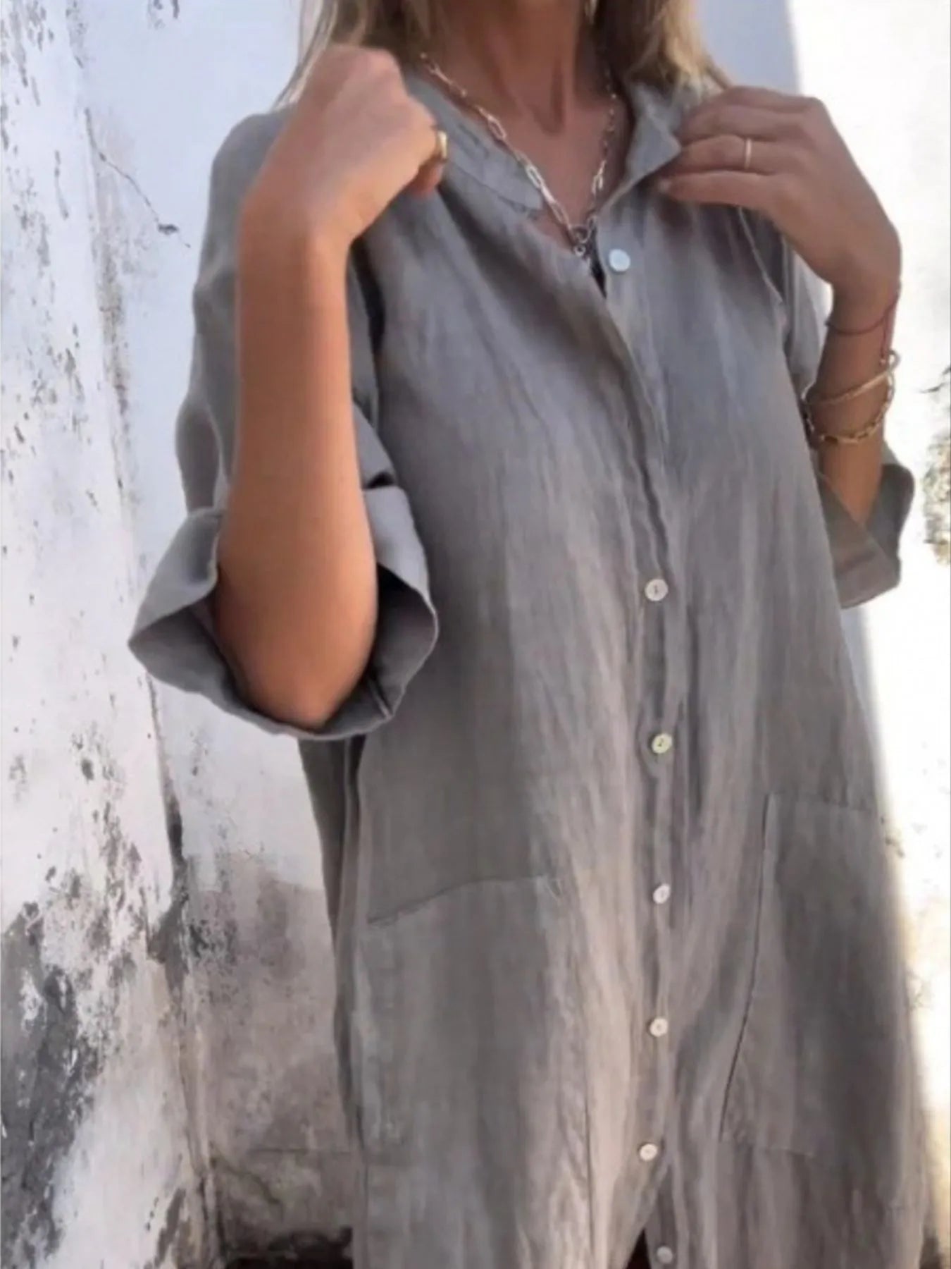 Women's Linen Button Down Shirt Mini Dress - Gray Mini Dresses