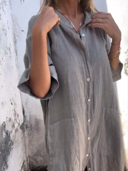 Women's Linen Button Down Shirt Mini Dress Gray