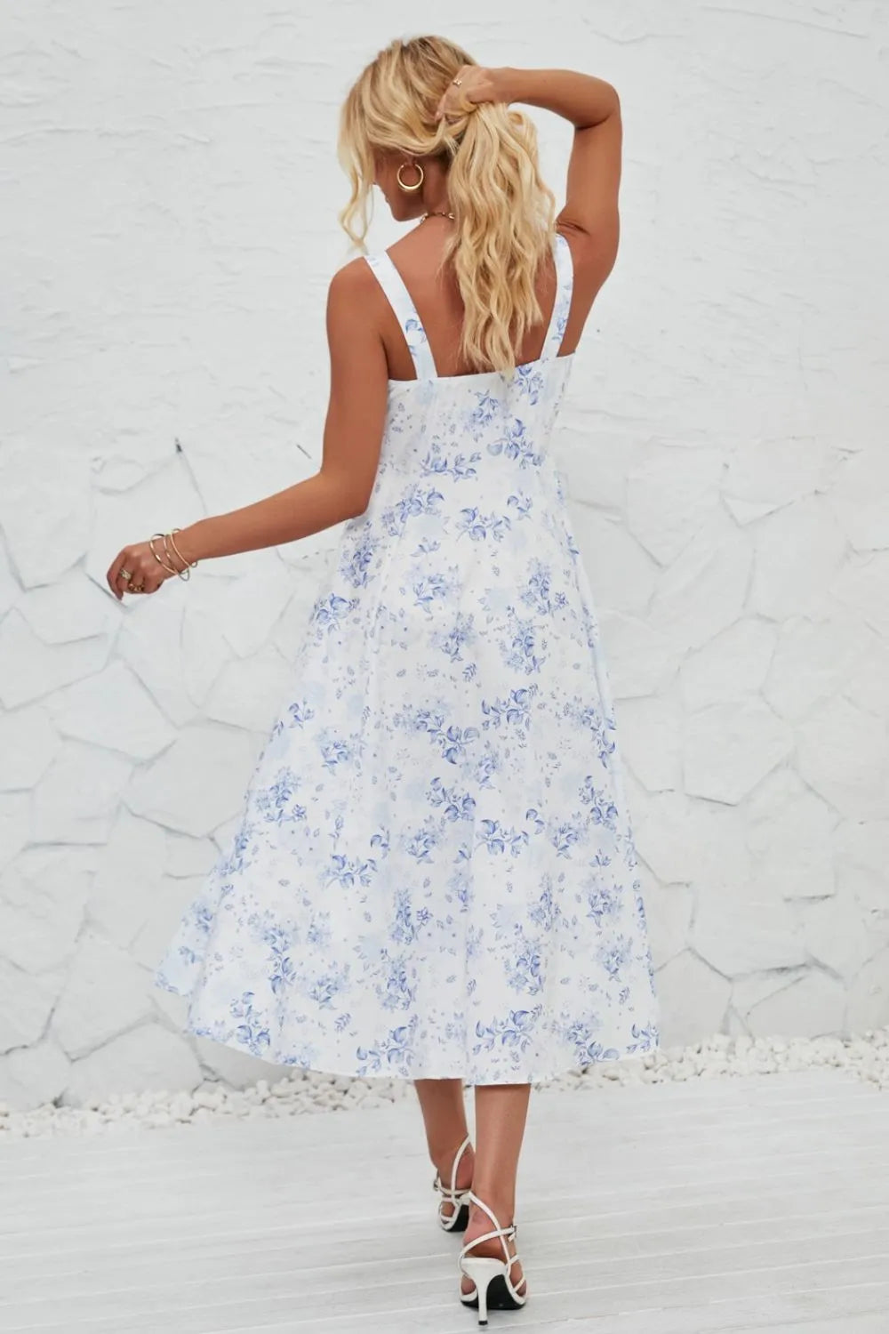 Women's Floral Print Cami Midi Dress with Side Slit - Midi Dresses