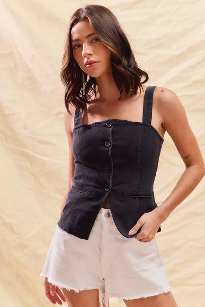 Button Down Sleeveless Game Day Fitted Denim Top - Tops