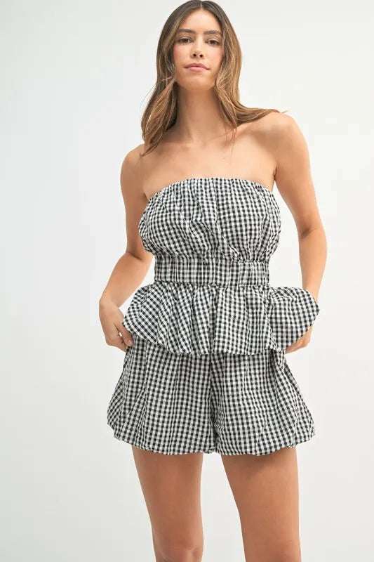 Gingham Tube Top and Shorts Set - Black Outfit Sets