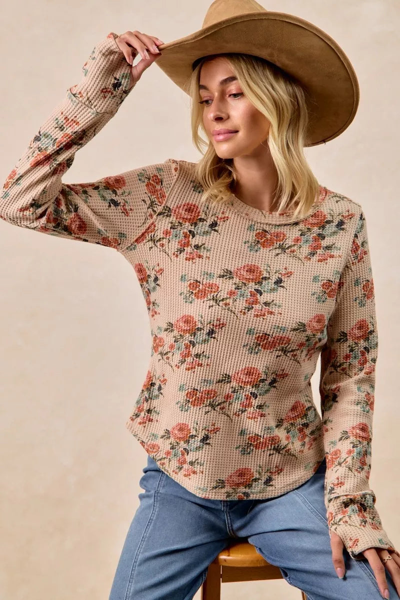 Taupe Washed Floral Long Sleeve Waffle Thermal Top with Sleeve Thumb Hole | Trendy Tops Outfit Idea for Women by Ro + Ivy | Elevated Basics, Modern Comfort & Style