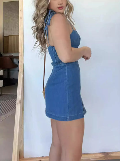 Women's Tie Strap Denim Mini Dress - Mini Dresses