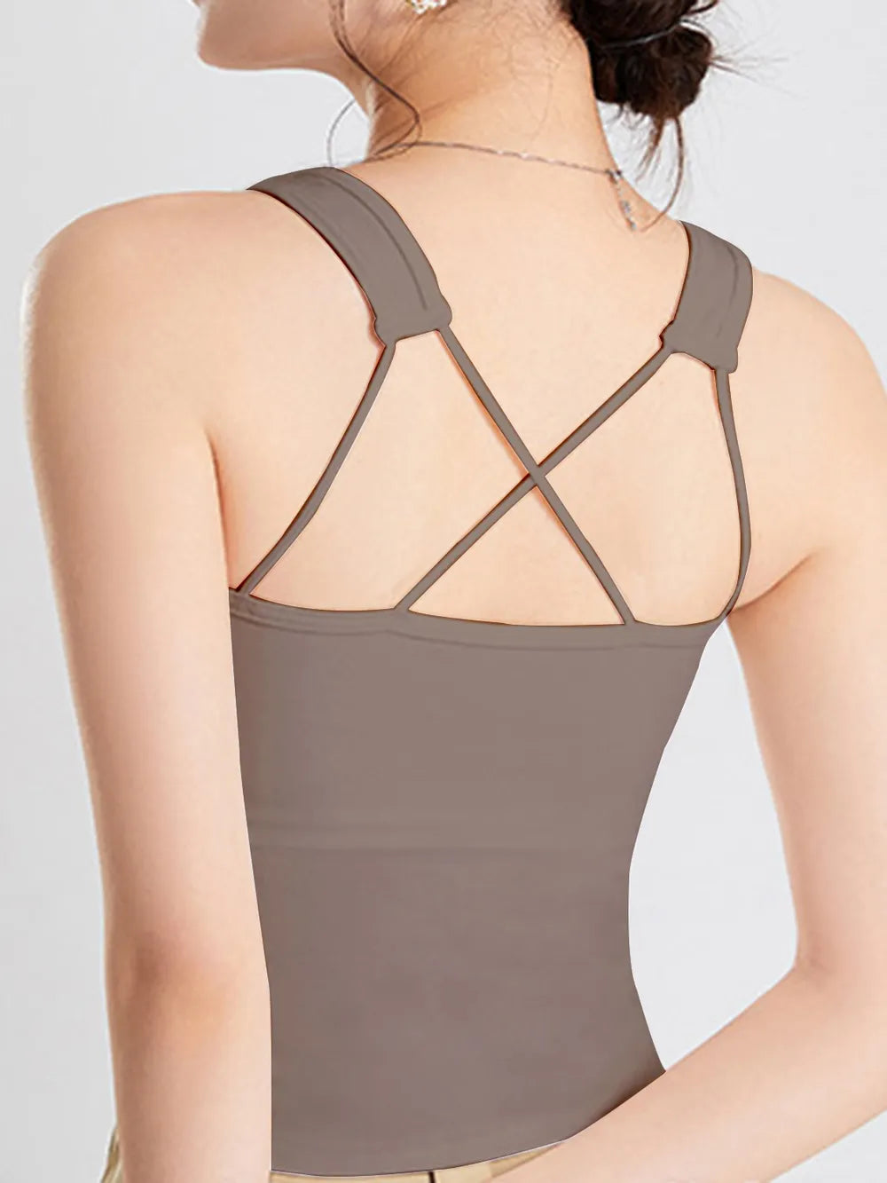 Women's Crisscross Scoop Neck Wide Strap Cropped Tank, Built-In Chest Pads - Crop Tops