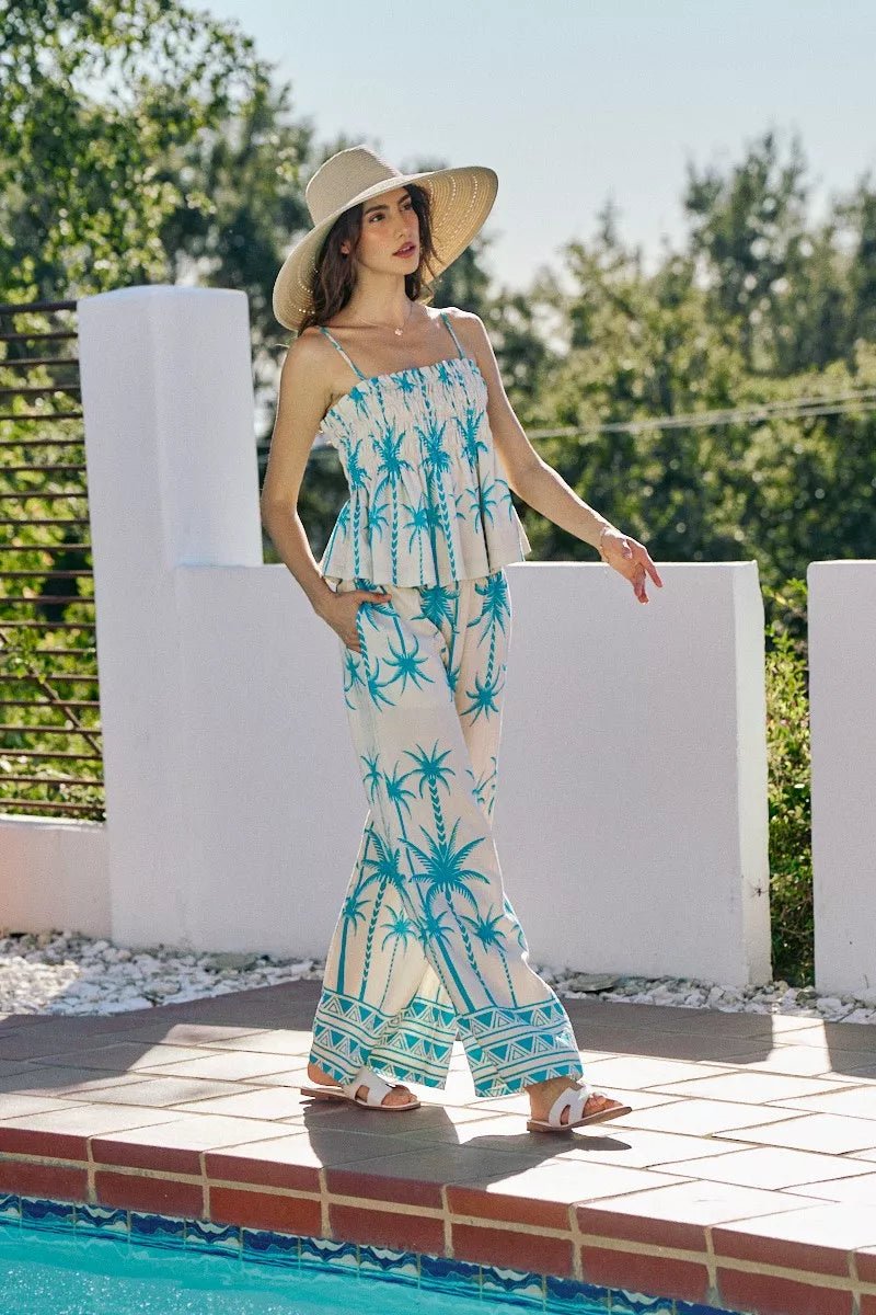 Women's Palm Tree Print Smocked Cami Top - Cami Tops