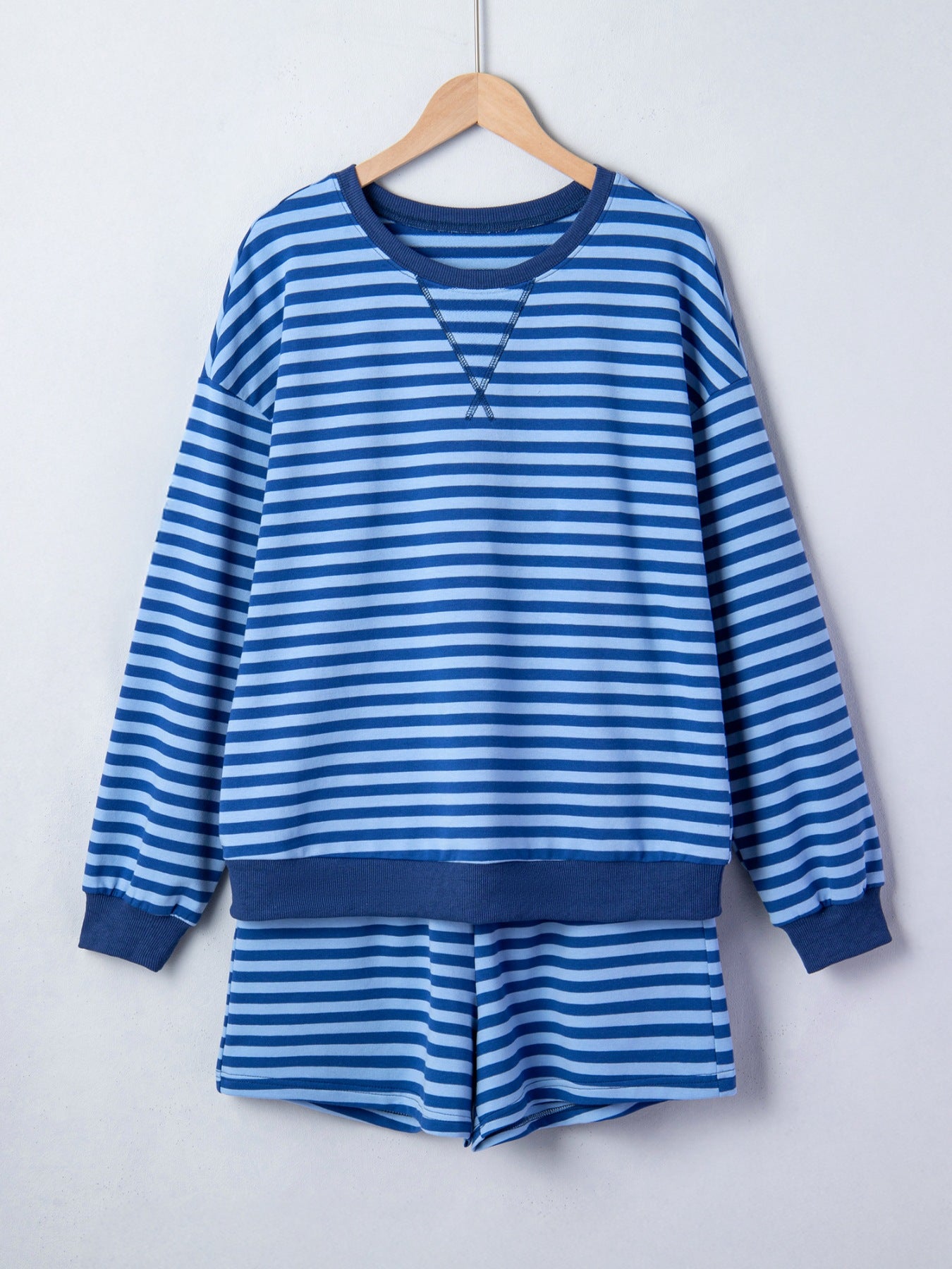 Women's Striped Drop Shoulder Pullover and Elastic Waist Shorts Set - Matching Sets