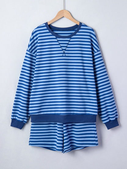 Women's Striped Drop Shoulder Pullover and Elastic Waist Shorts Set - Matching Sets