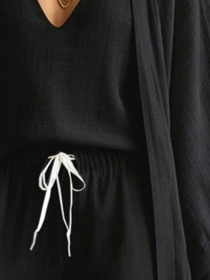 Three-Piece Lounge Set with V-Neck Top, Open Cardigan and Drawstring Pants