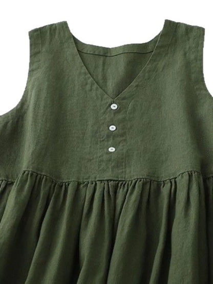 Women's V-Neck Button Detail Sleeveless Midi Dress - Midi Dresses