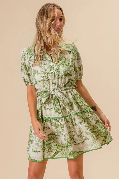 Woven Printed Tiered Mini Dress – outfit idea for women | Ro + Ivy