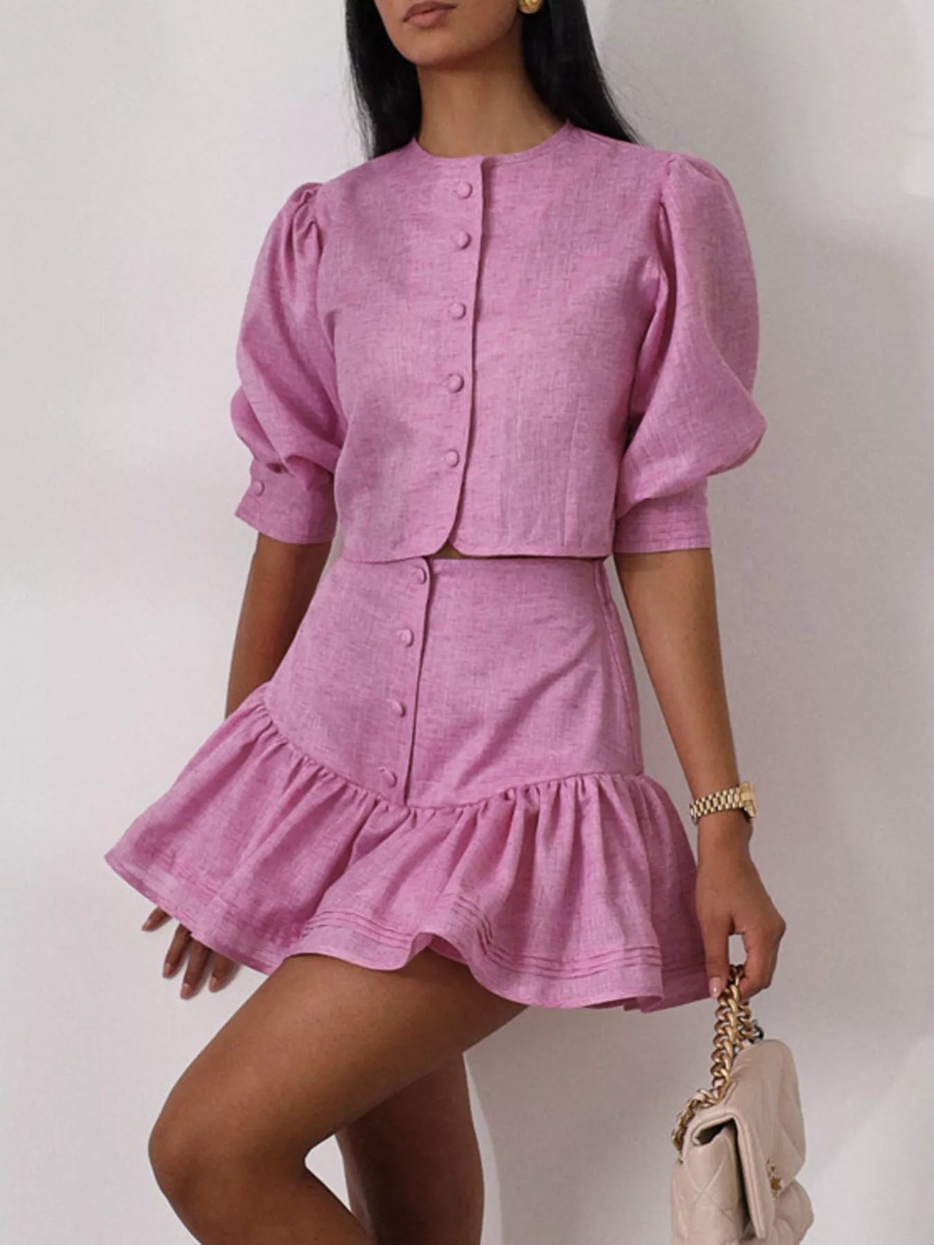 Women's Puff Sleeve Cropped Top and Ruffled Skirt Set - Matching Sets
