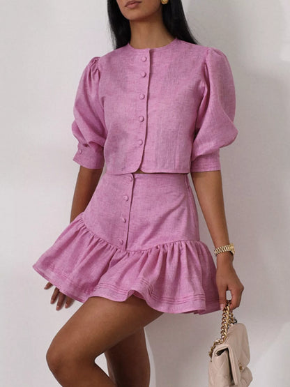 Women's Puff Sleeve Cropped Top and Ruffled Skirt Set - Matching Sets