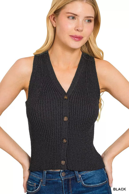 Ribbed Button-Down Knit Vest Top in Black | Trendy Knit Vests Outfit Idea for Women by Ro + Ivy | Elevated Basics, Modern Comfort & Style