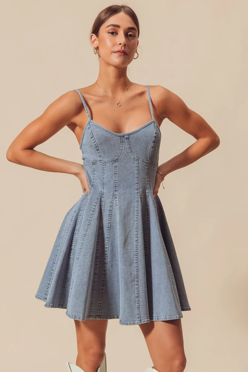 A Line Fit And Flare Denim Bow Ties Mini Dress | Trendy Mini Dresses Outfit Idea for Women by Ro + Ivy | Elevated Basics, Modern Comfort & Style