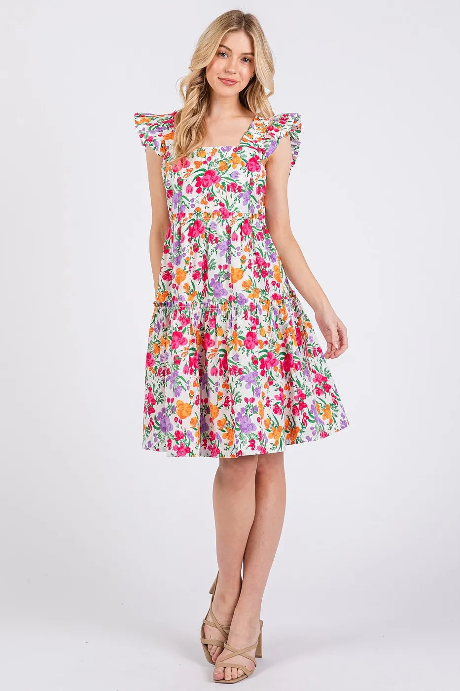 Flower Print Ruffle Shoulder A-Line Mini Dress – outfit idea for women | Ro + Ivy