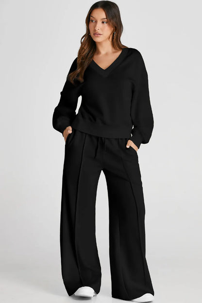 Women's V-Neck Long Sleeve Top and Pants Loungewear Set - Loungewear Sets