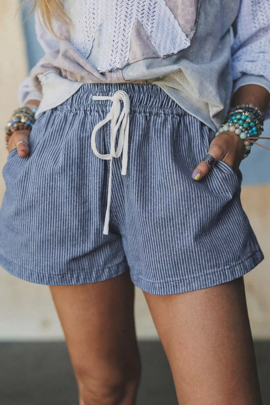 Women's Striped Drawstring Denim Shorts Dusty Blue