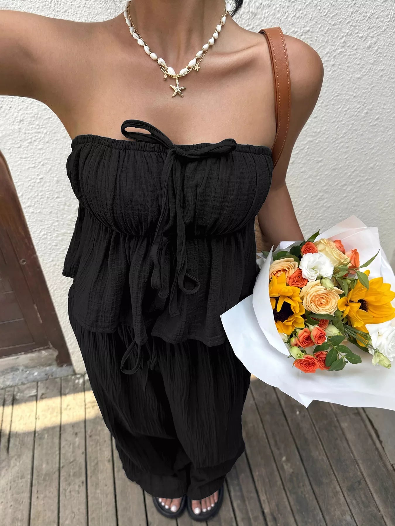 Women's Tube Top and Wide Leg Pants Set - Matching Sets