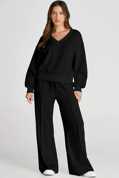 Women's V-Neck Long Sleeve Top and Pants Loungewear Set - Loungewear Sets
