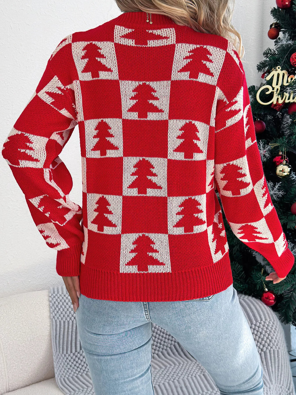 Christmas Tree Checkerboard Pattern Knit Sweater