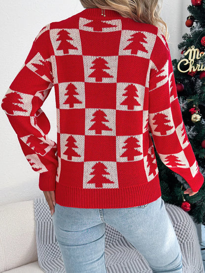Christmas Tree Checkerboard Pattern Knit Sweater