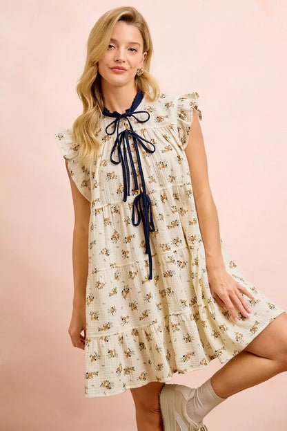 Women's Floral Tiered Ruffle Front Tie Mini Dress - Mini Dresses
