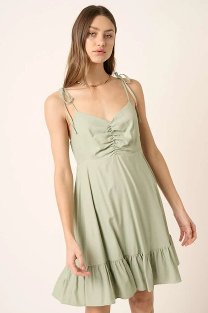 Cotton Ruched Spaghetti Strap Mini Dress - Mini Dresses
