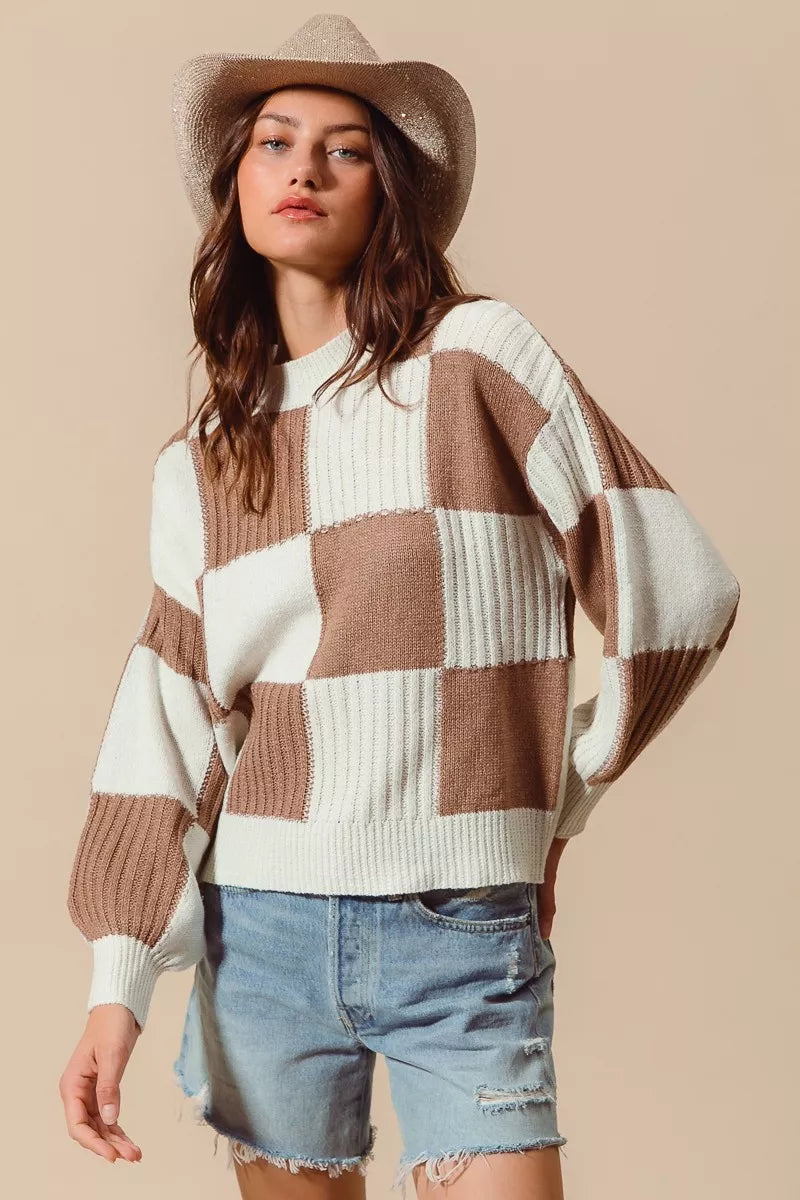 Ribbed Color Block Checkered Plaid Sweater - Sweaters