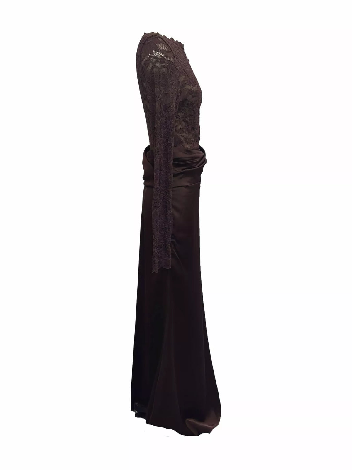 Long-Sleeve Bodycon Maxi Dress with Sheer Lace, Satin Patchwork and Ruched Details