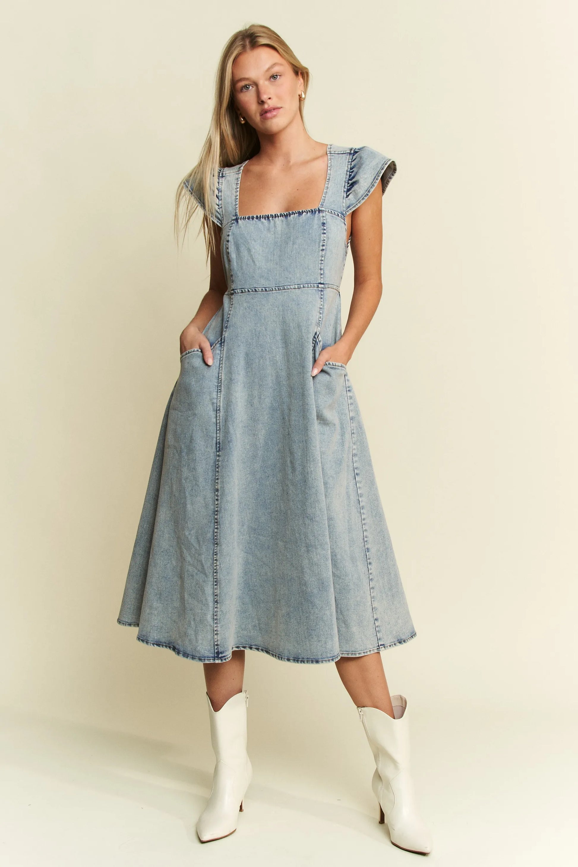 Ruffled Denim Blue Midi Dress – DENIM BLUE outfit idea for women | Ro + Ivy