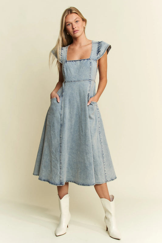 Ruffled Denim Blue Midi Dress – DENIM BLUE outfit idea for women | Ro + Ivy