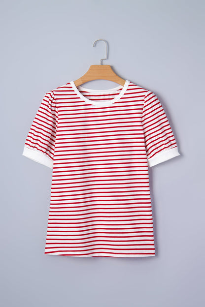 Classic Striped Puff Sleeve Casual T-Shirt — Comfortable Relaxed Everyday Style - Tops & Tees