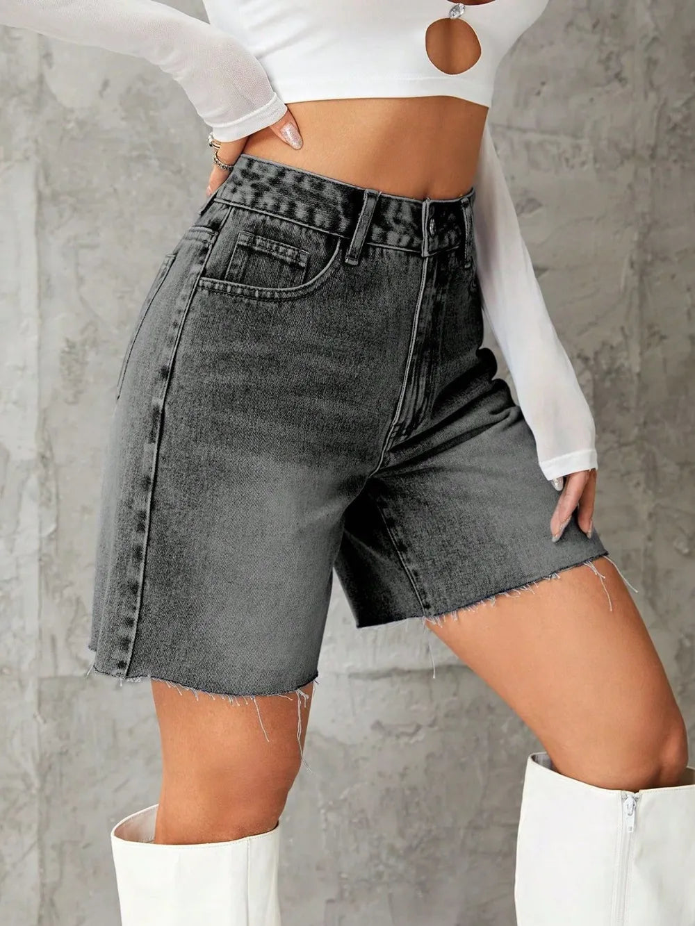 Frayed Hem Long Denim Shorts - Shorts
