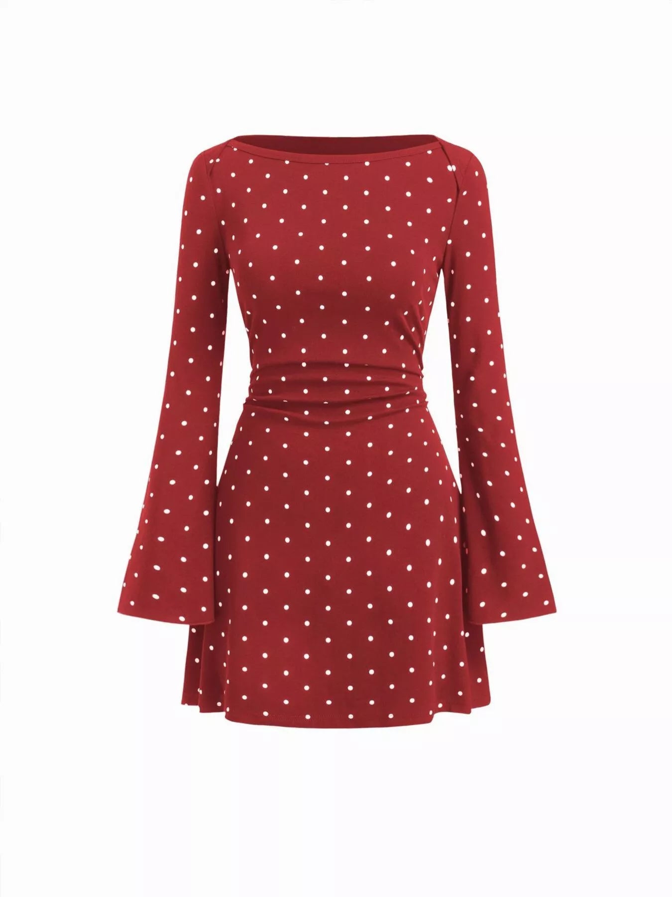 Polka Dot Boat Neck Flare Sleeves Mini Dress Red