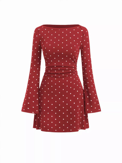 Polka Dot Boat Neck Flare Sleeves Mini Dress Red