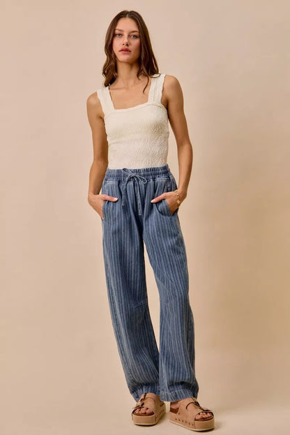 Stripe Denim Barrel Jeans Drawstring Waistband | Trendy Jeans Outfit Idea for Women by Ro + Ivy | Elevated Basics, Modern Comfort & Style