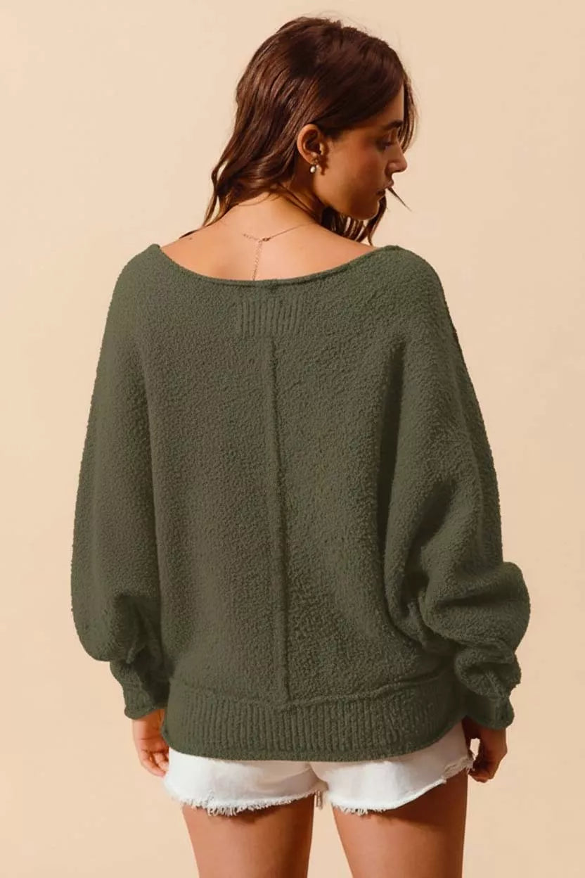 Boucle Loose Fit Sweater with Exposed Seam in Olive | Trendy Sweaters Outfit Idea for Women by Ro + Ivy | Elevated Basics, Modern Comfort & Style