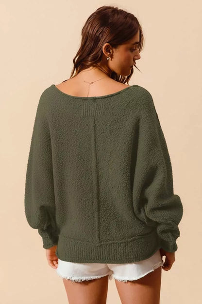 Boucle Loose Fit Sweater with Exposed Seam in Olive | Trendy Sweaters Outfit Idea for Women by Ro + Ivy | Elevated Basics, Modern Comfort & Style